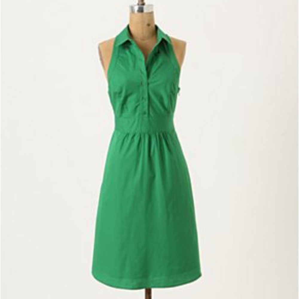 Maeve Anthropologie Green Cotton Halter Sleeveless Collared Mini Dress